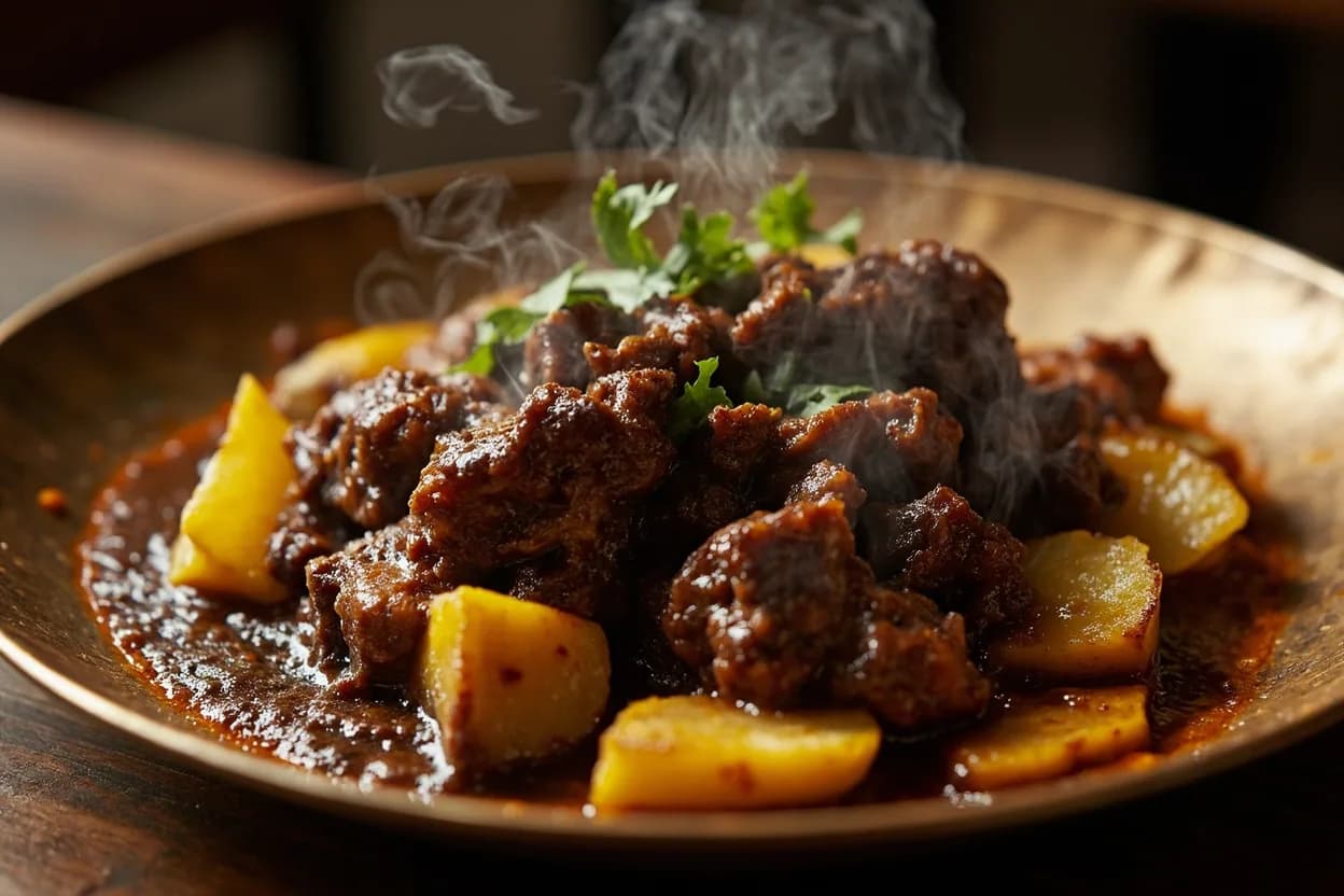 gongura mutton (sorrel-braised goat) — a signature plate from Andhra Pradesh cuisine, prepared in the regional style.