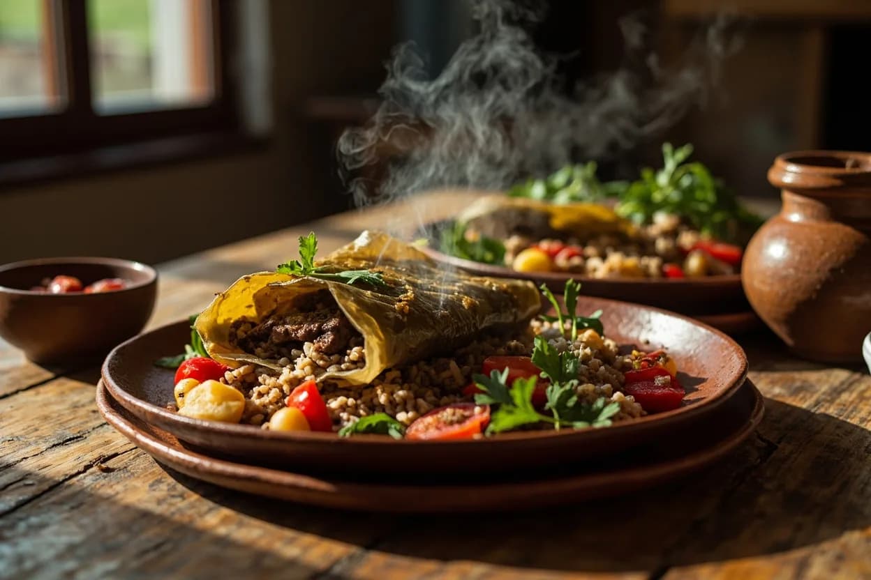 dolma (grape-leaf stuffed with lamb and rice) — a signature plate from Azerbaijani cuisine, prepared in the regional style.