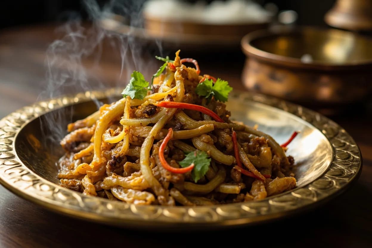 mochar ghonto (banana blossom stir-fry) — a signature plate from Bengali cuisine, prepared in the regional style.