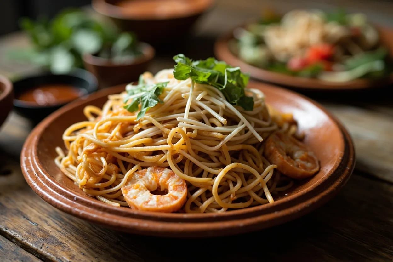 pad Thai (rice noodles stir-fried with egg, dried shrimp, bean sprouts, and tamarind sauce — the national noodle dish, standardized in the 1940s under PM Phibun) — a signature plate from Central Thai cuisine, prepared in the regional style.