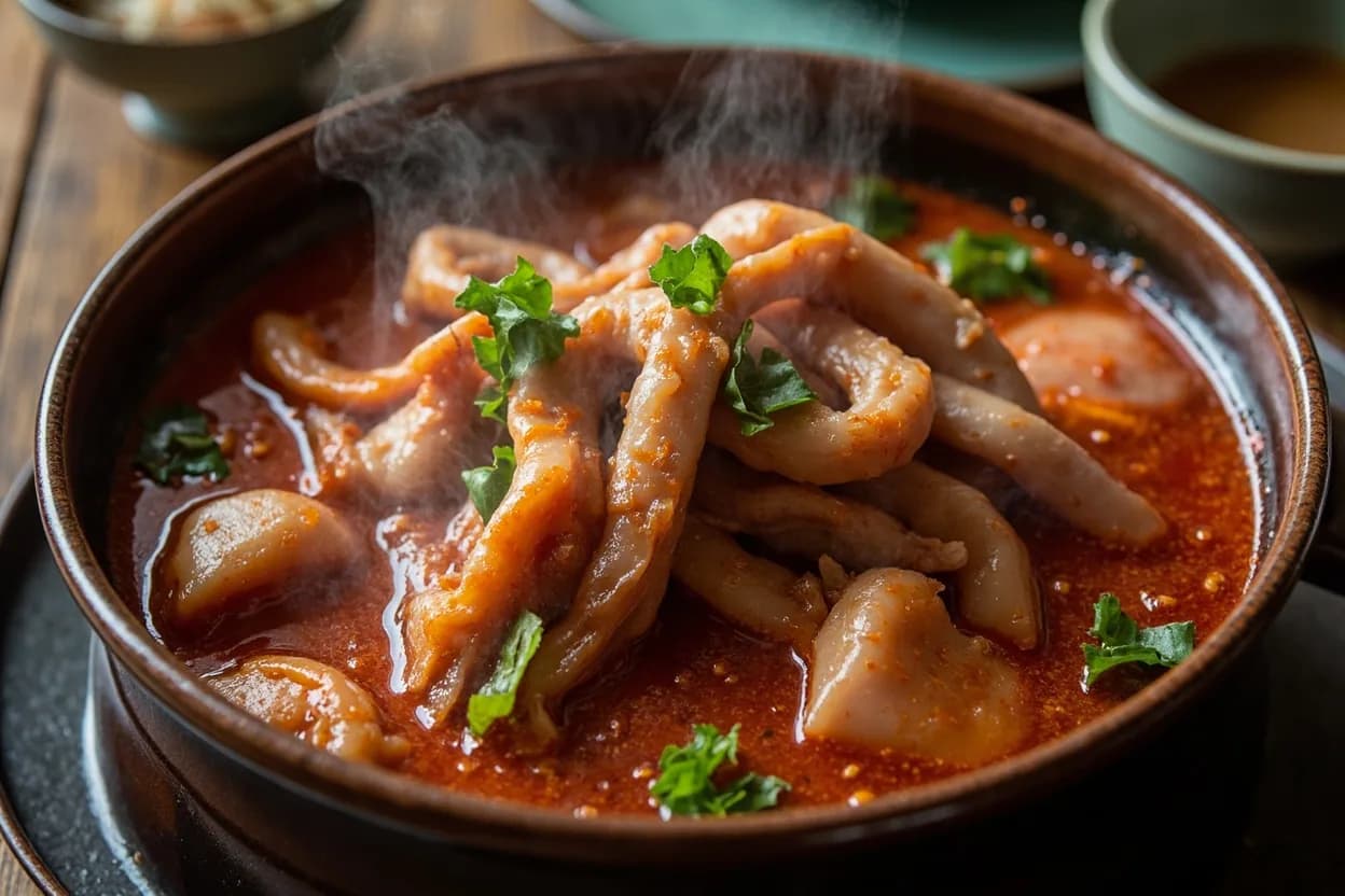 duck intestines in scarlet broth (鸭肠) — a signature plate from Chongqing Hot Pot cuisine, prepared in the regional style.