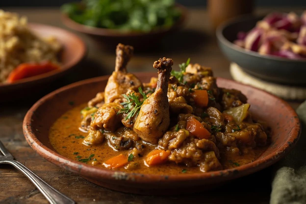 moambe (chicken in palm nut sauce) — a signature plate from Congolese (DRC) cuisine, prepared in the regional style.
