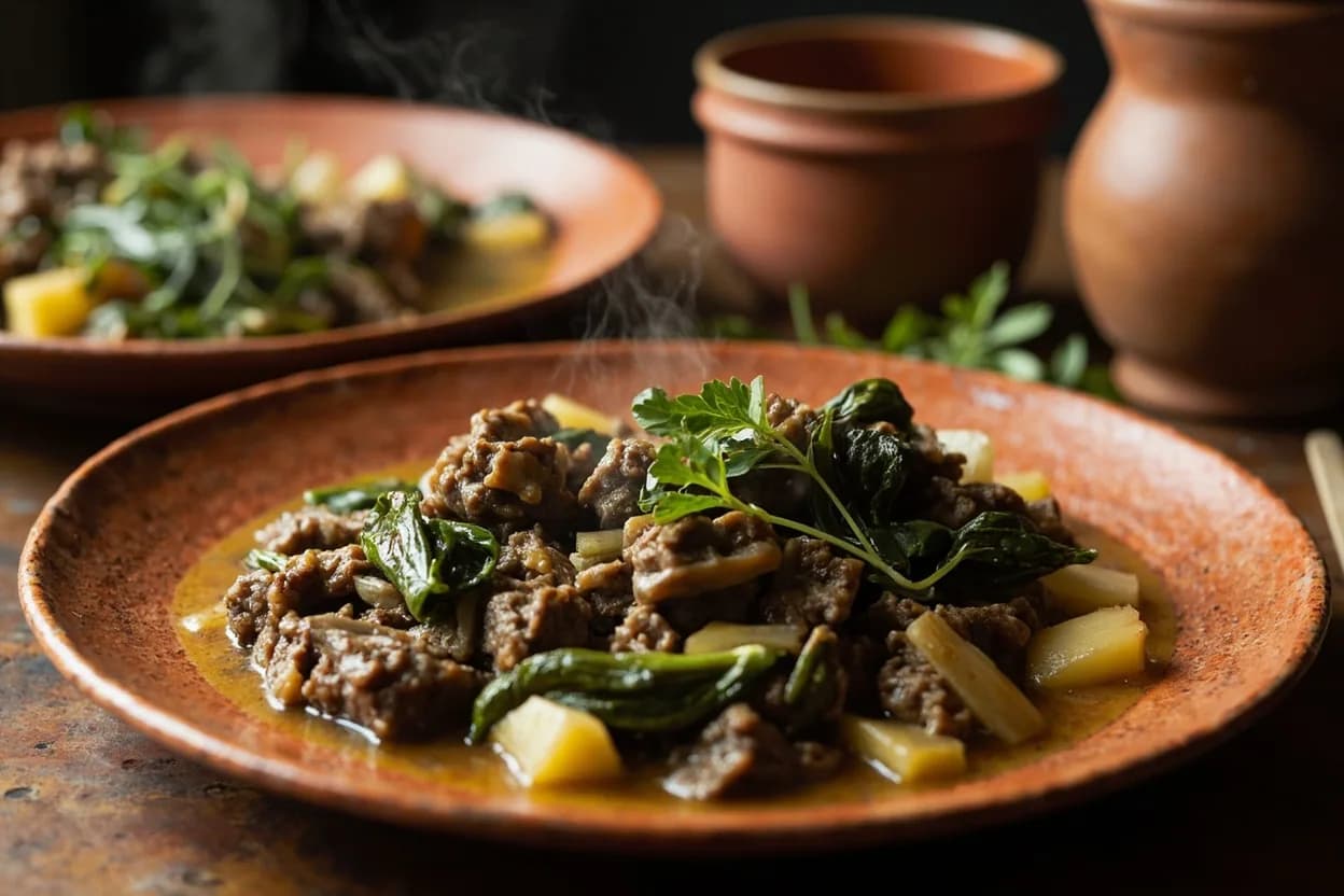 romazava (national dish: beef and mixed bitter greens in clear broth) — a signature plate from Malagasy cuisine, prepared in the regional style.