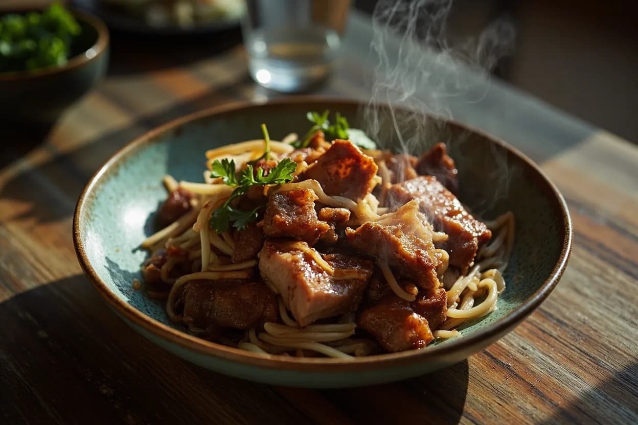 rafute (slow-braised sweet soy pork belly) — a signature plate from Okinawan (Ryukyuan) cuisine, prepared in the regional style.