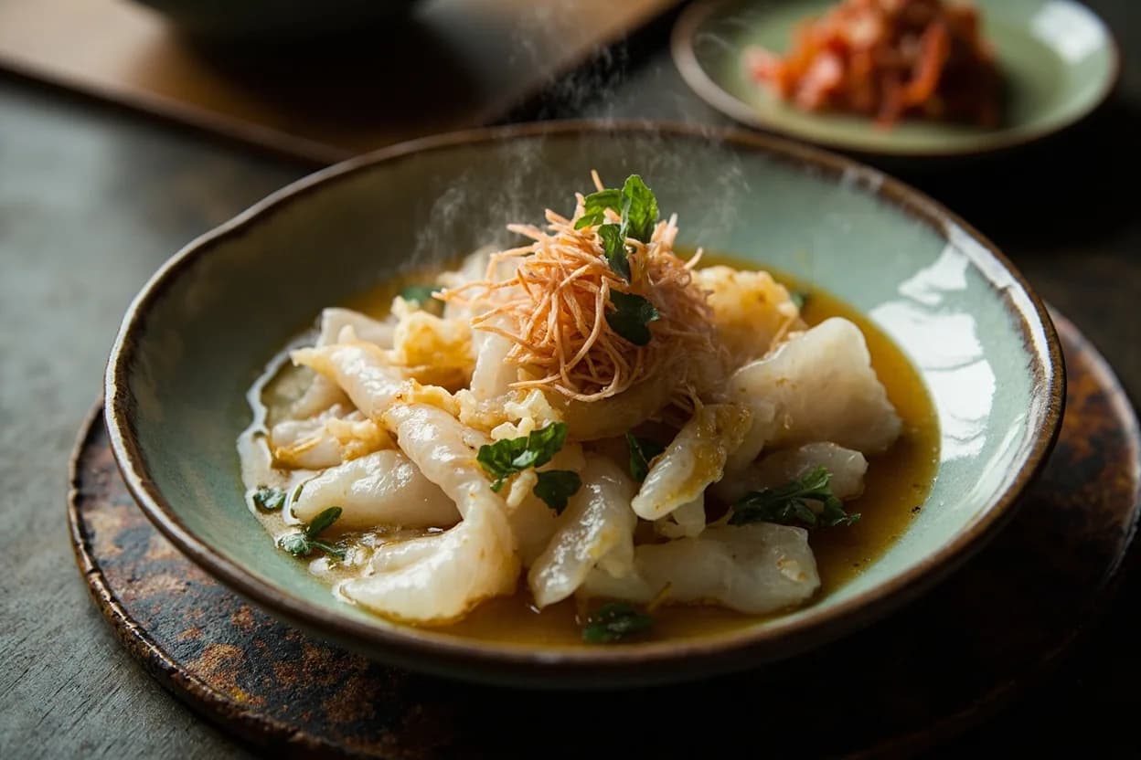 hamo shabu (pike conger blanched in dashi broth at the table) — a signature plate from Osaka Kappo cuisine, prepared in the regional style.