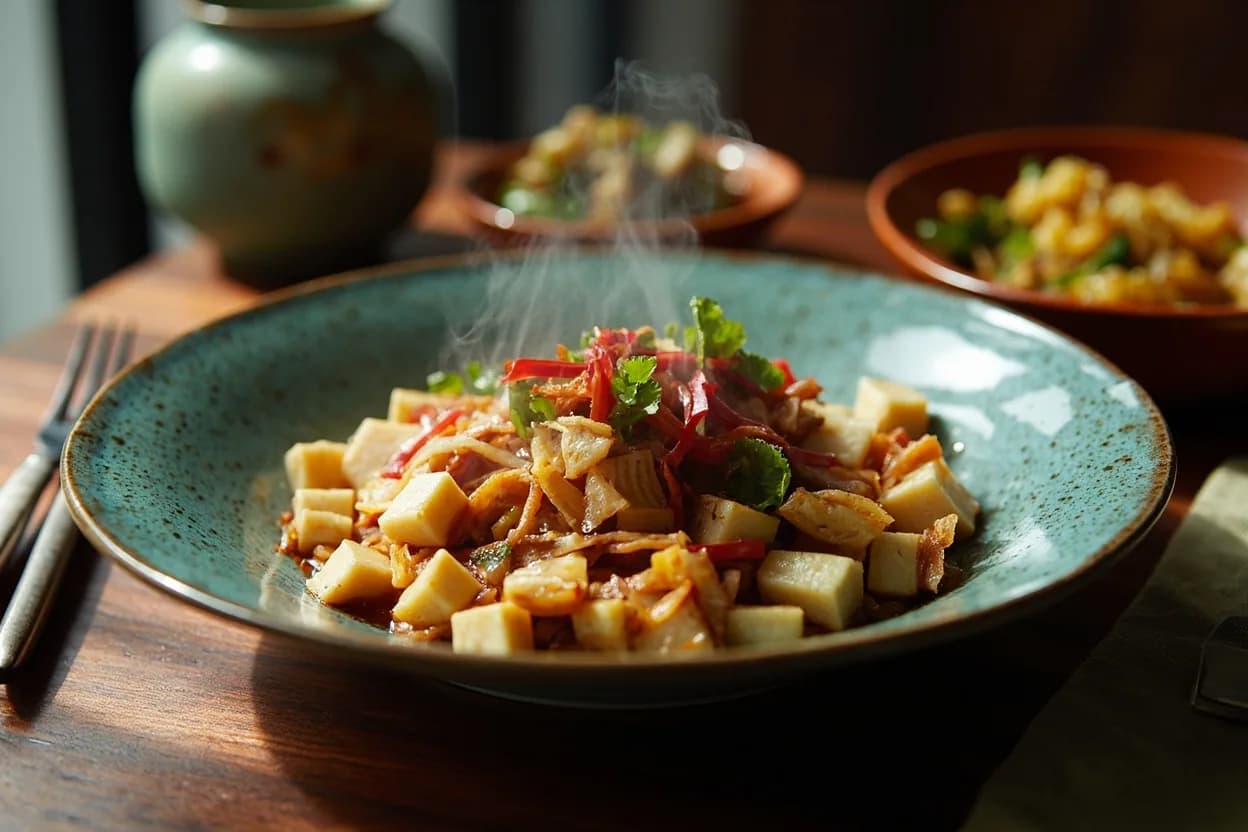 vegetarian mapo tofu (doufu without minced meat) — a signature plate from Sichuan Buddhist Vegetarian cuisine, prepared in the regional style.