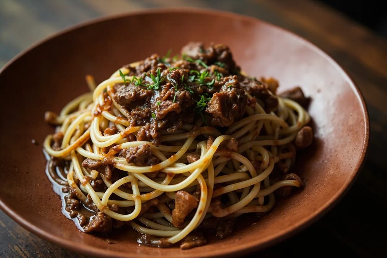 Laghman (hand-pulled noodles in braised lamb sauce) — a signature plate from Xinjiang Uyghur cuisine, prepared in the regional style.