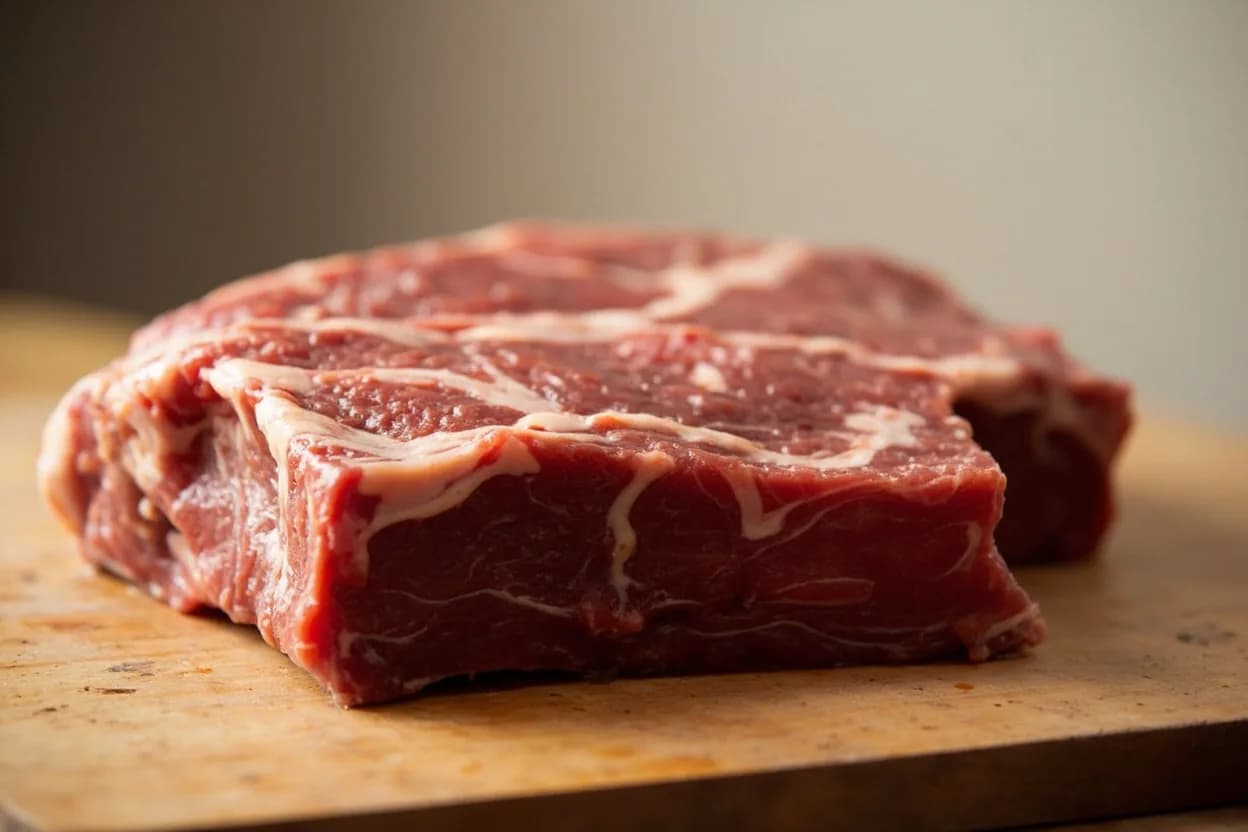 Beef Cheeks in its raw whole-cut form on a butcher's board — Beef cheeks are the masseter (cheek) muscles of the steer, each a compact, roughly oval mass of about 250–400 g raw. Identifying traits: Extremely high collagen content — highest of any common beef cut, Compact, self-contained muscle unit that holds together well during long braises, Absorbs braising liquid deeply due to the open, fibrous muscle architecture.