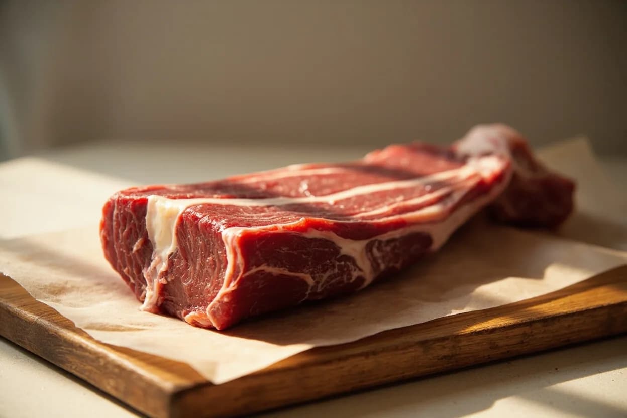 Beef Shank & Osso Buco Cross-Cut in its raw whole-cut form on a butcher's board — Beef shank is the lower leg muscle of the steer, taken from either the foreleg (foreshank) or hindleg (hindshank). Identifying traits: Highest collagen content of any beef cut — produces exceptionally rich, viscous braising liquid, Central marrow cavity is a delicacy: rich, fatty, and buttery when roasted or braised, Cross-cut medallions hold their shape during long cooking with kitchen twine tied around the circumference.