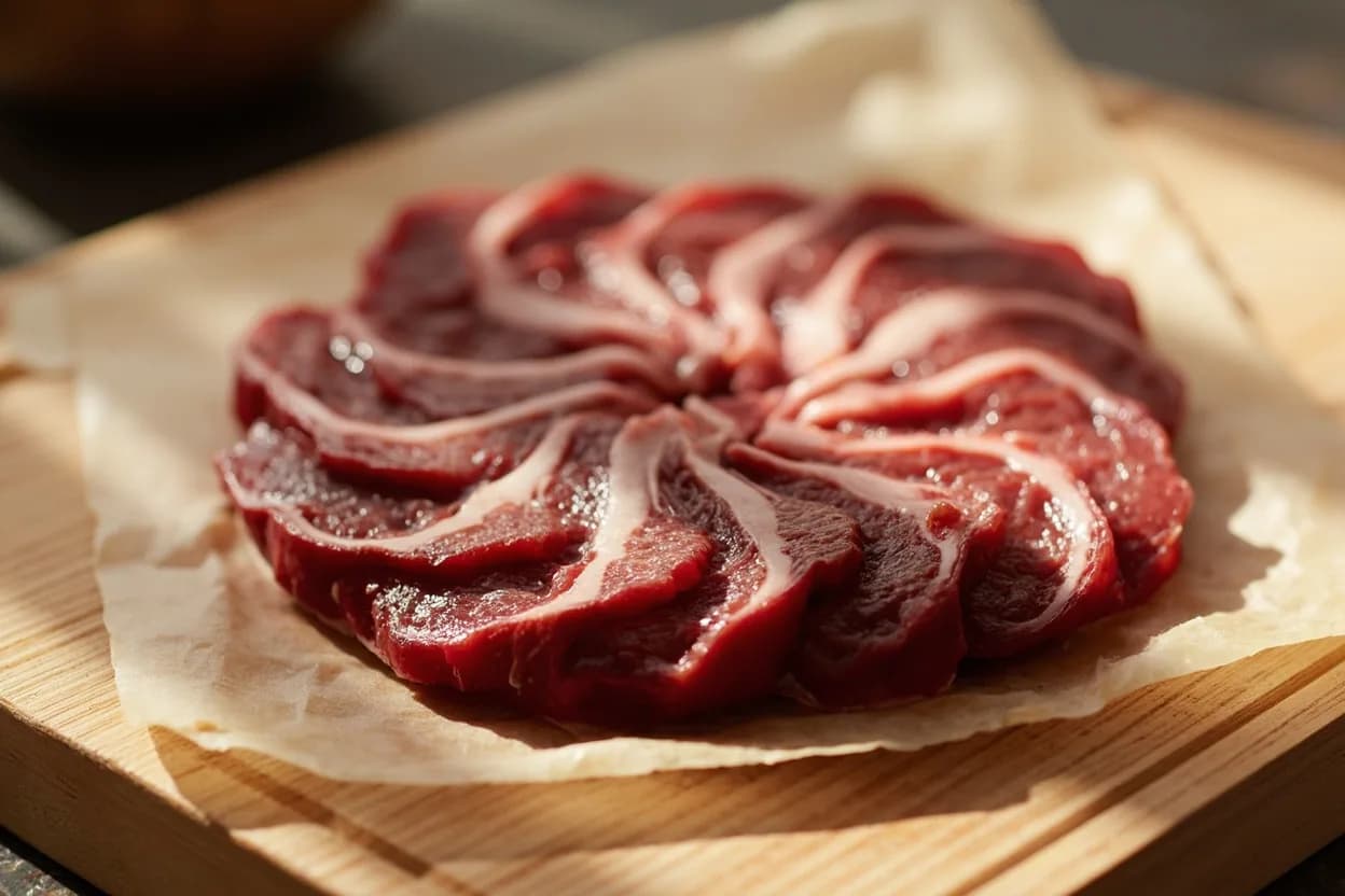 Beet Rouelle in its raw whole-cut form on a butcher's board — Rouelle (French, from 'roue' — wheel) denotes a thick round slice cut perpendicular to the long axis of a cylindrical or ovoid vegetable. Identifying traits: Full-diameter circular face displays concentric growth ring pattern — visually arresting for plating, Flat parallel faces enable even contact with a roasting tray or pan surface, Consistent 8–12 mm thickness ensures uniform cooking time across a batch.