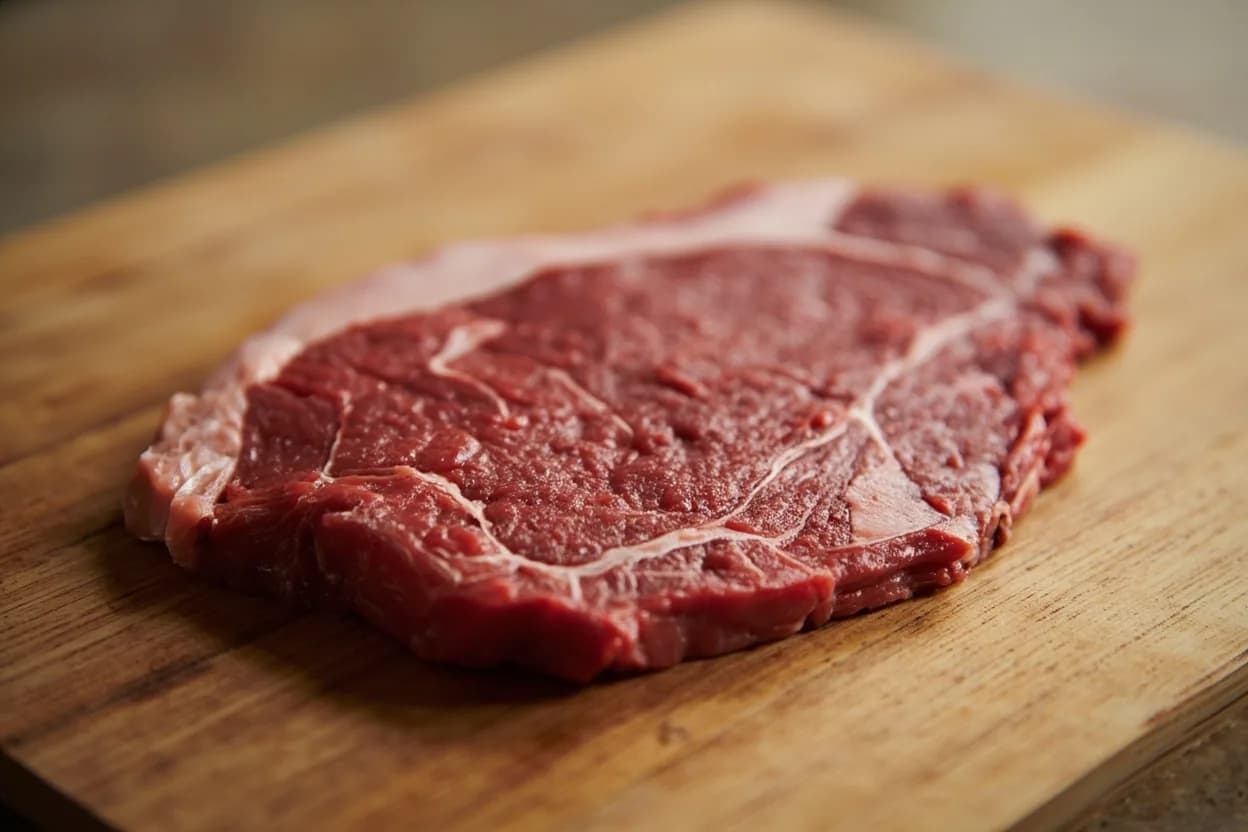Bulgogi Slice (Thin Ribeye / Sirloin) in its raw whole-cut form on a butcher's board — Bulgogi slice (불고기용) is the retail and restaurant presentation of beef specifically cut for bulgogi (불고기, 'fire meat'). Identifying traits: 2–3 mm thickness—thin enough for rapid marinade uptake, thick enough to retain juiciness, Cut across the grain for maximum tenderness, Uniform sheets that lay flat for high-heat searing.
