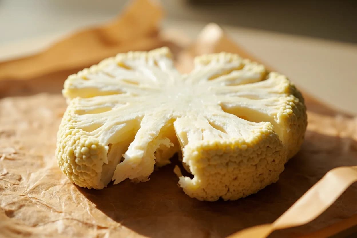 Cauliflower Steak Cut in its raw whole-cut form on a butcher's board — A cauliflower steak is produced by slicing a whole head vertically from crown to base through the central core in slabs 2–3 cm thick. Identifying traits: The core acts as a structural spine; cutting through it rather than around it is what prevents the slab from falling apart, Two to three 2.5 cm steaks are typical from one medium head; the outer florets that fall free are reserved for other uses, Maximum surface area contact with a hot pan or grill produces deep Maillard browning and caramelized sugars on the flat face.