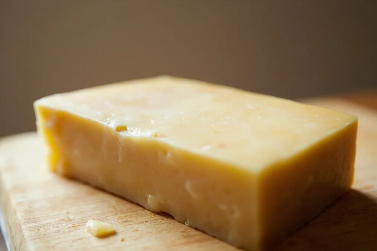Cheese Planing — Scandinavian Høvl Cut in its raw whole-cut form on a butcher's board — The høvl cut is the technique of using an ostehøvel — the Norwegian cheese plane invented by Thor Bjørklund in 1925 — to produce even, wide, continuous ribbons of semi-hard cheese by dragging the fla… Identifying traits: Slice is uniform 1–3 mm from edge to edge — thicker than a deli slicer cut but thinner than a knife-cut slab, Wide, continuous ribbon that covers a full slice of knekkebrød or rugbrød without tearing, Surface is smooth and slightly shiny from paste compression against the plane body.
