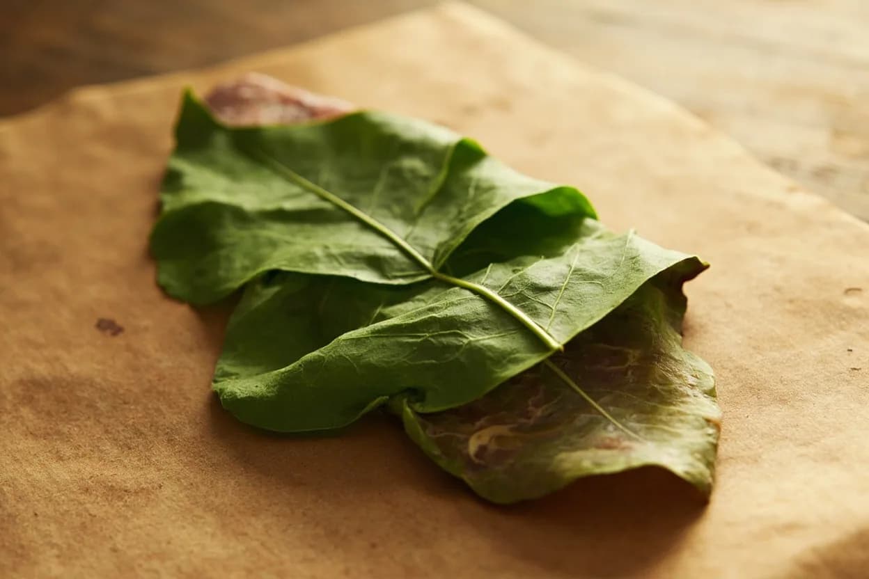 Curry Leaf — Sprig vs. Torn in its raw whole-cut form on a butcher's board — Two distinct handling techniques for fresh curry leaves (Murraya koenigii) that control aromatic intensity and timing. Identifying traits: Sprig: gradual, rounded aroma release; leaves remain visually intact on stem, Torn: immediate, sharper aromatic burst from broken cell walls, Sprig integrates more subtly into a finished dish.