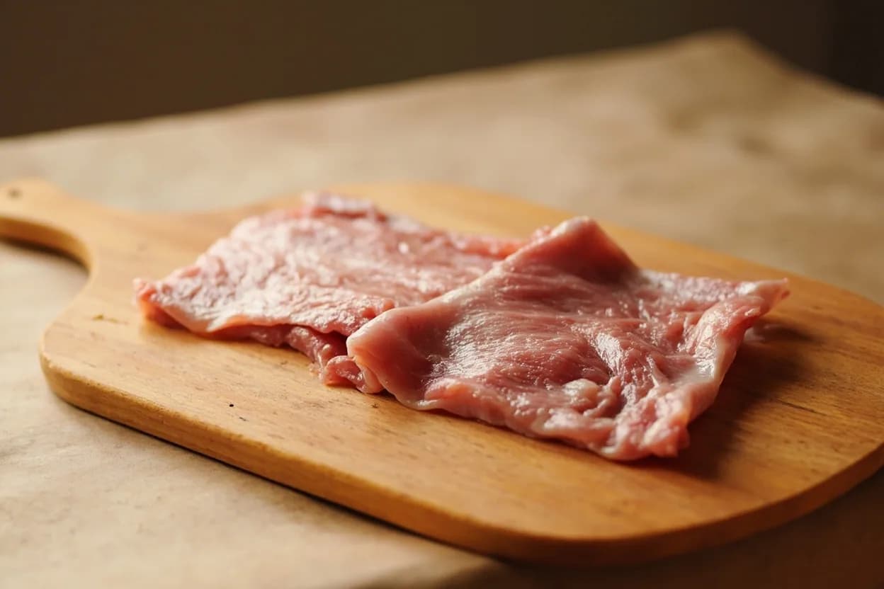 Duck Tongue Prep in its raw whole-cut form on a butcher's board — Duck tongue preparation is a two-stage offal technique: first, brief blanching to set the outer skin and loosen any feather follicles; second, the removal of the central hyoid bone-cartilage rod that… Identifying traits: Gelatinous, slightly chewy texture unique among offal cuts, Intense sauce absorption — the scored skin acts as a marinade sponge, Small, elegant pieces suited to finger-food or drinking snack service.