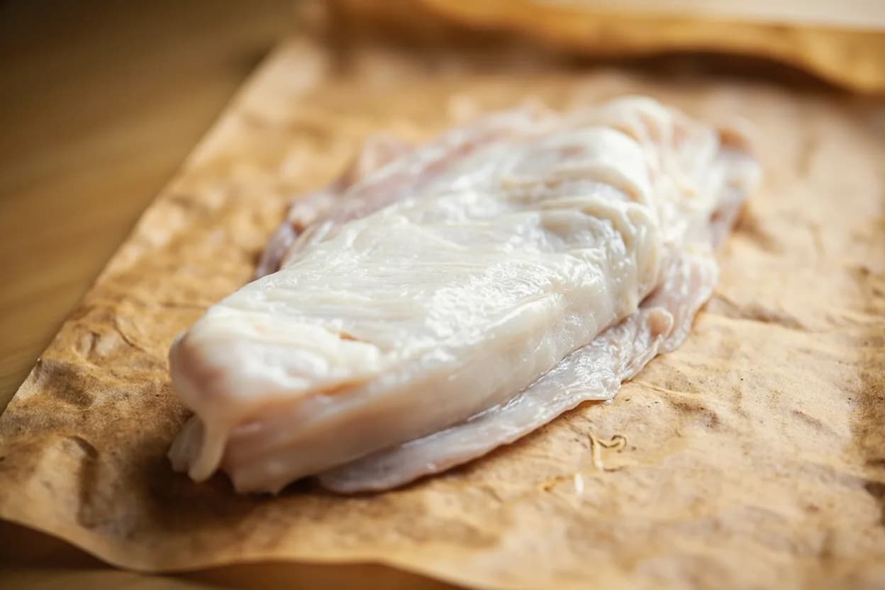 Engawa (Flounder Fin Muscle) Separation in its raw whole-cut form on a butcher's board — Engawa is the thin strip of muscle that runs along the outer edge of a flat fish — most prized from hirame (olive flounder, Paralichthys olivaceus) — controlling fin movement. Identifying traits: Scalloped, ribbon-like shape with slight translucency when fresh, Pronounced chew from high proportion of fast-twitch fibrous muscle, Rich umami and sweet fat, especially in winter-season fish.