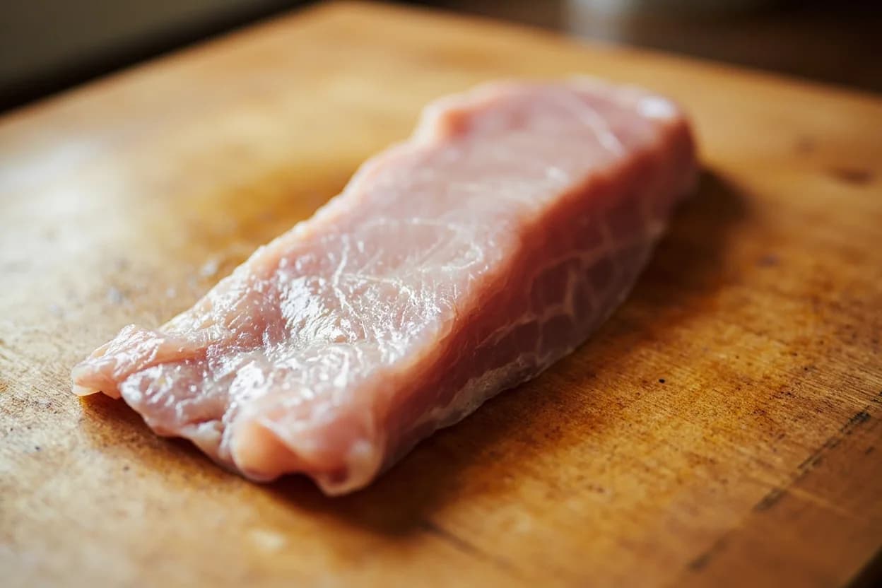 Fish Suprême in its raw whole-cut form on a butcher's board — A suprême is the classic French restaurant portion cut from a large skinned or skin-on fillet. Identifying traits: Diagonal bias cut creates a trapezoidal wedge with a larger top face for even browning, Uniform thickness throughout (unlike tail-end taper) ensures even cooking, Skin-on variant allows crispy skin presentation without flesh overcooking.