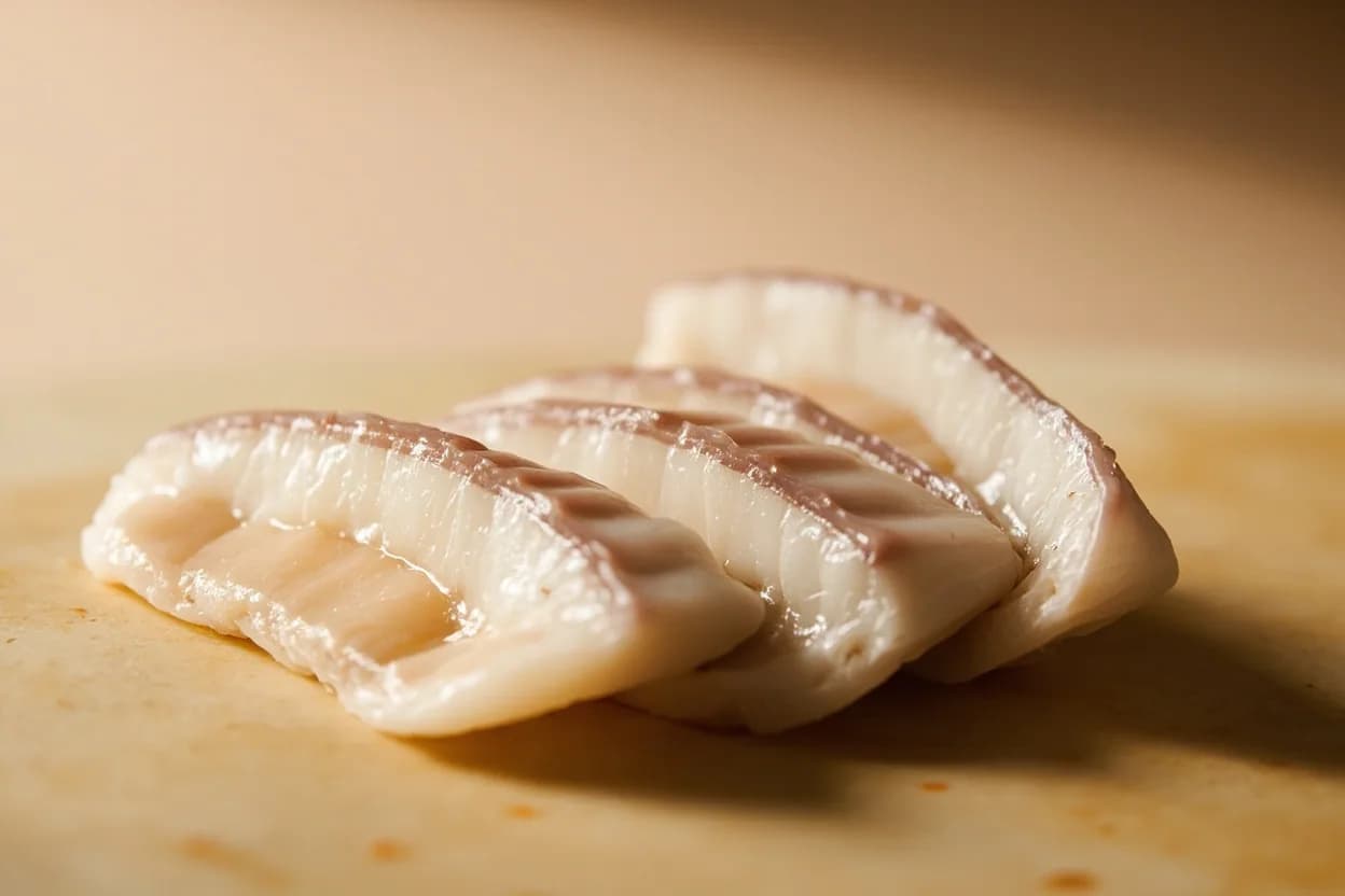 Geoduck Sashimi Slice in its raw whole-cut form on a butcher's board — Geoduck sashimi preparation is the technique of cleaning a live geoduck clam (Panopea generosa), poaching its enormous siphon briefly in hot water to loosen and remove the outer leathery skin, then s… Identifying traits: Exceptionally crunchy, snapping texture unique among bivalves, Sweet, clean briny flavor with no fishiness when fresh, Pearlescent ivory color after skin removal.