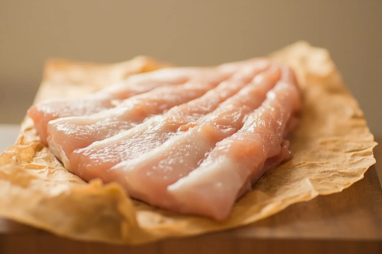 Goujons (Finger-Cut Fish Strips) in its raw whole-cut form on a butcher's board — Goujons are strips of skinless, boneless flat-fish fillet cut on the diagonal to approximately 1 cm wide and 6–8 cm long — roughly the size of a gudgeon (goujon in French, the small river fish they r… Identifying traits: Uniform 1 cm width for consistent frying time across the batch, Diagonal cut produces an elongated, finger-like shape, High surface-area-to-volume ratio gives a superior crumb-to-fish ratio.