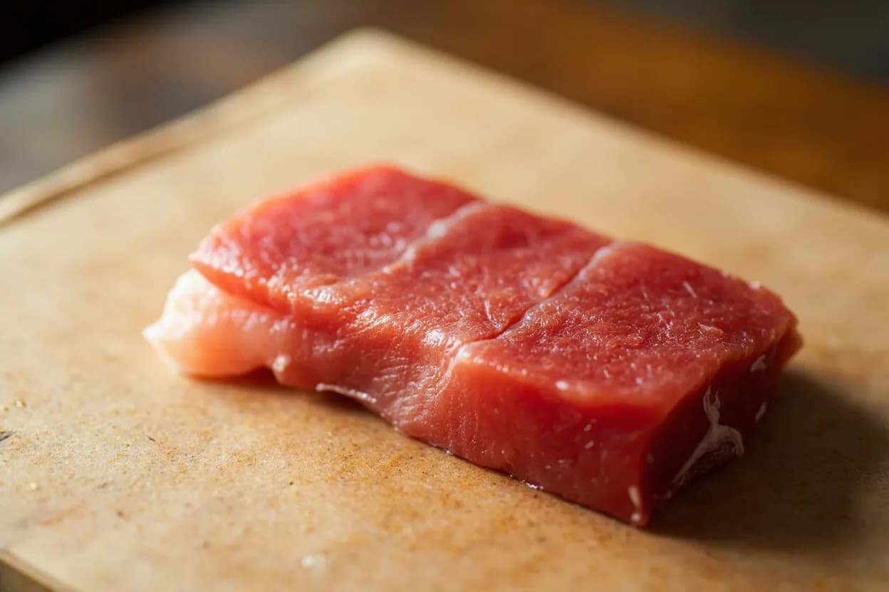 Kaku-zukuri (Block-Cut Sashimi) in its raw whole-cut form on a butcher's board — Kaku-zukuri (角造り, 'square or angular presentation') produces neat cubes or rectangular blocks of fish, typically 15–20 mm on each side. Identifying traits: Uniform cube or rectangular block, 15–20 mm per side, Six clean, flat faces with no ragged edges or compression marks, Visible muscle grain on the cut faces — directionality is part of the aesthetic.