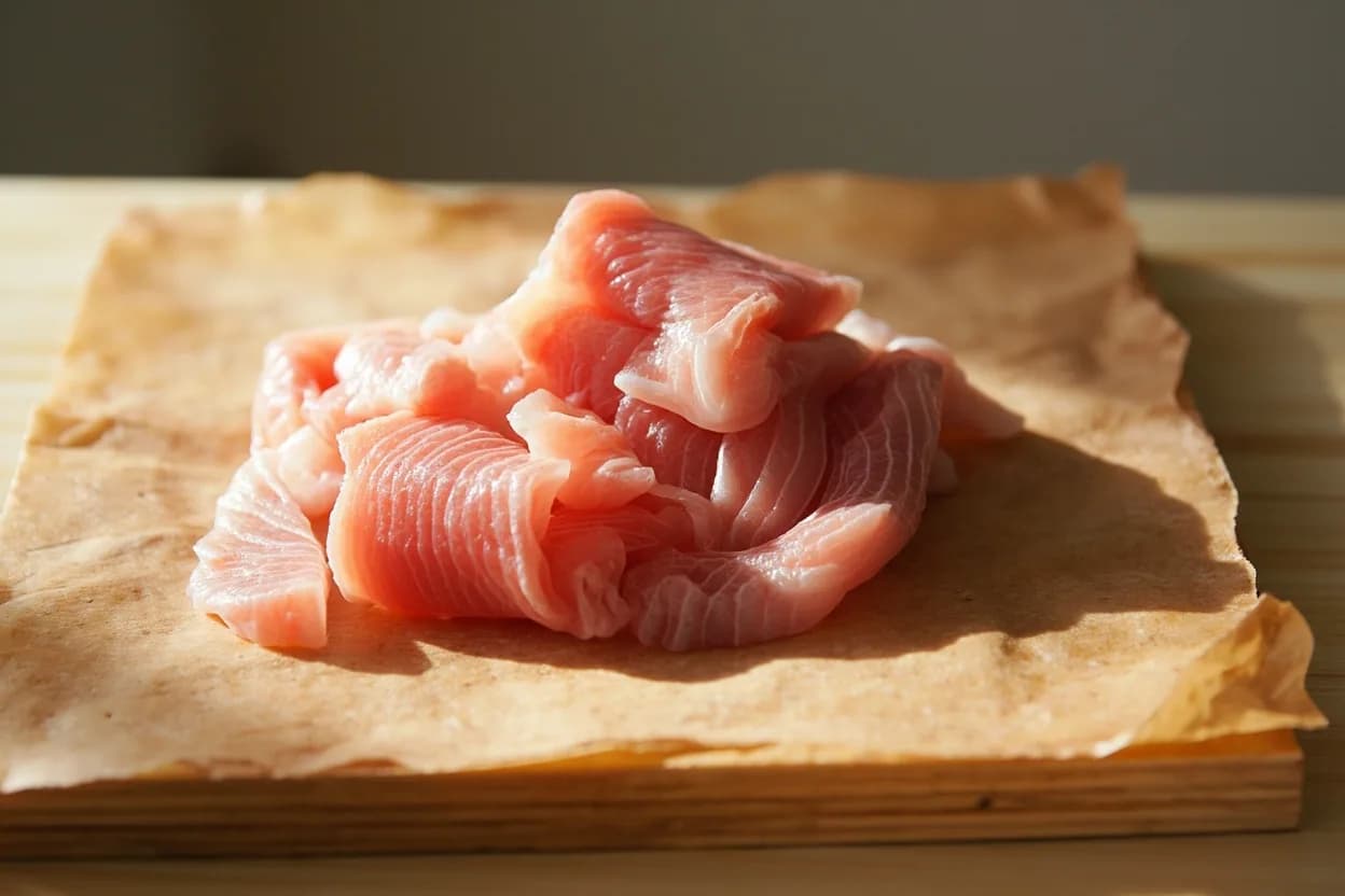 Kazari-giri (Decorative Vegetable Cuts) in its raw whole-cut form on a butcher's board — Kazari-giri (飾り切り, 'decorative cutting') is the discipline of using a knife to carve vegetables, fruit, and occasionally fish into recognisable shapes drawn from nature, seasonality, and Japanese sym… Identifying traits: Seasonally coded: pine/crane = winter–New Year; plum blossom = late winter; chrysanthemum = autumn, Cuts are executed on the presentation face — inverse of kakushi-bōchō, Shapes range from simple notch cuts (plum blossom in five passes) to complex relief carving (crane).