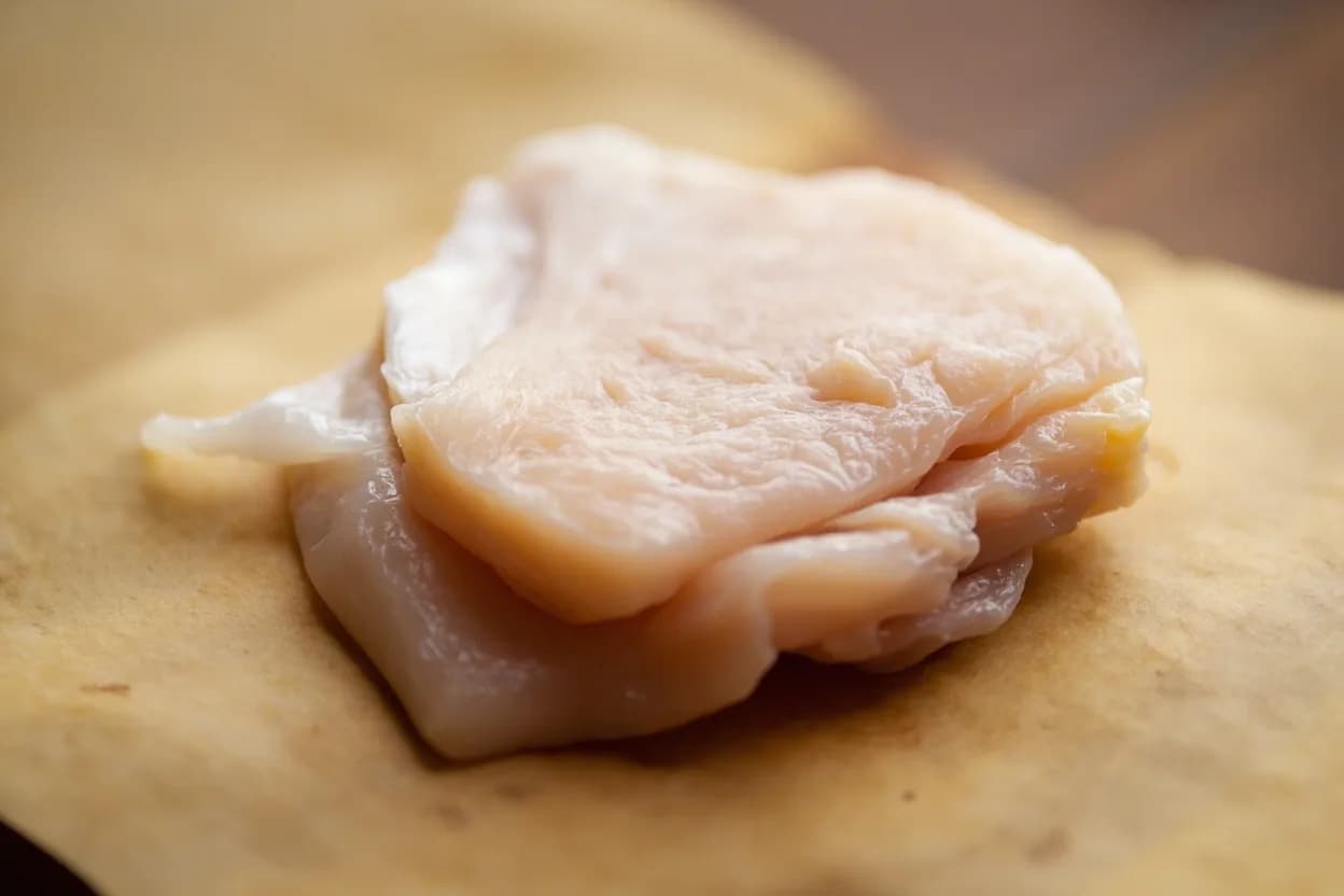 Kokotxas (Cod Cheek / Chin) in its raw whole-cut form on a butcher's board — Kokotxas (pronounced ko-KO-chas; Spanish spelling: cocochas) are small, roughly triangular cuts of meat taken from the chin and throat of Atlantic cod (Gadus morhua) or hake (Merluccius merluccius). Identifying traits: Thick natural gelatin fringe forms the white 'skirt' around the central meat — the defining visual marker, Natural emulsifier: gelatin releases on gentle heat into surrounding warm olive oil, enabling pil-pil without added thickeners, Very high collagen content relative to muscle size.
