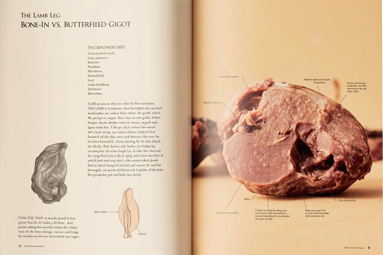 Where the lamb leg — bone-in vs. butterflied (gigot) lives on the source. Hind limb of the lamb carcass, running from the aitch bone (hip) to the stifle joint.
