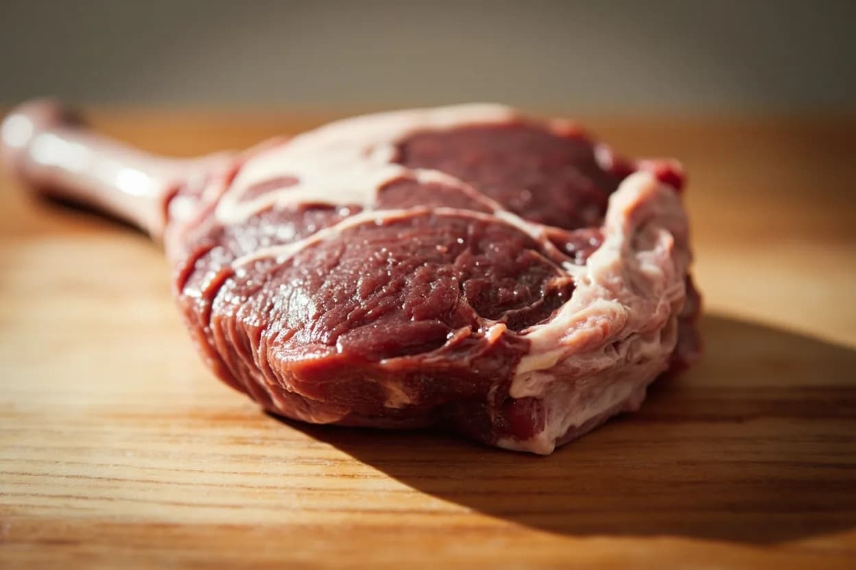 Lamb Leg — Bone-In vs. Butterflied (Gigot) in its raw whole-cut form on a butcher's board — The lamb leg (gigot in French) is the hind limb primal, comprising the aitch bone (pelvic bone), femur, and lower shank bones surrounded by the four primary muscle groups: the topside (semimembranosu… Identifying traits: Bone-in leg retains heat and delivers more complex, sweeter flavor from bone marrow, Butterflied leg has dramatically uneven thickness, producing a desirable range of doneness in a single piece, Large surface area of the butterflied leg maximizes marinade penetration and charring surface.