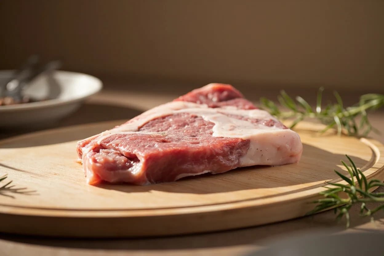 Lamb Neck in its raw whole-cut form on a butcher's board — Lamb neck comprises the seven cervical vertebrae and the surrounding collar muscles — the sternocleidomastoid, splenius, and semispinalis capitis — interlaced with connective tissue and seams of fat. Identifying traits: Exceptionally high collagen content — one of the richest gelatinous cuts on the lamb, Complex, layered flavour from multiple small muscles working hard in life, Bone-in cross-slices self-baste and thicken the cooking liquid.