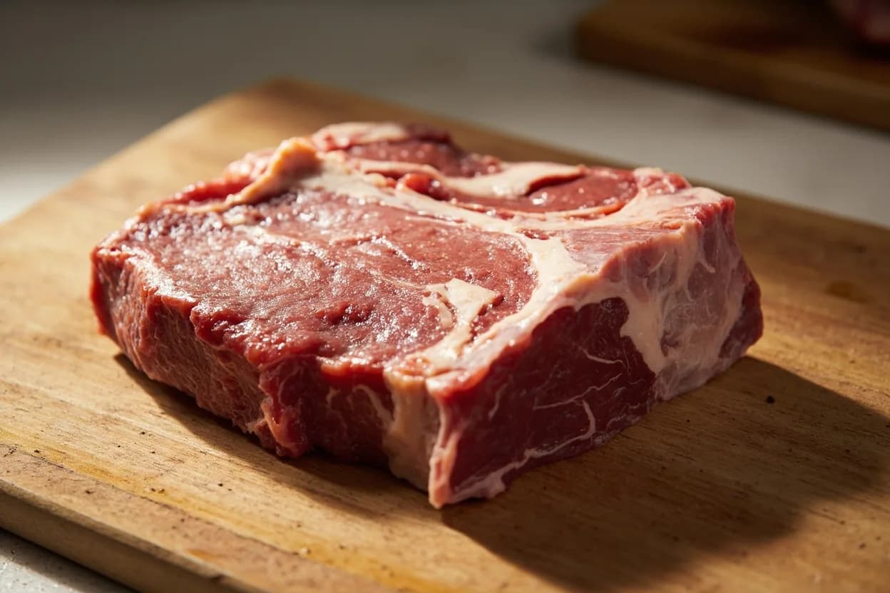 Lamb Primal Cuts in its raw whole-cut form on a butcher's board — A whole lamb carcass is divided into seven recognized primals: neck, shoulder, rack (best end), loin, leg, breast/flap, and shank. Identifying traits: Smaller carcass than beef or pork allows a single butcher to break down a whole animal efficiently, Distinctive lanolin-scented fat that carries varietal and pasture character, Collagen-to-muscle ratio shifts dramatically from primal to primal.