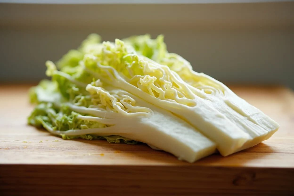 Napa Cabbage Cross-Cut for Kimchi in its raw whole-cut form on a butcher's board — The standard cutting protocol for preparing napa cabbage (Brassica rapa subsp. Identifying traits: Tearing rather than fully cutting the halves preserves more intact leaf cells at the tear interface, helping leaves hold paste, Quartering creates manageable sections that fit in a fermenting container while maintaining leaf-by-leaf layering, The thick white rib (midrib) absorbs brine most slowly — salting rib-side down improves even curing.