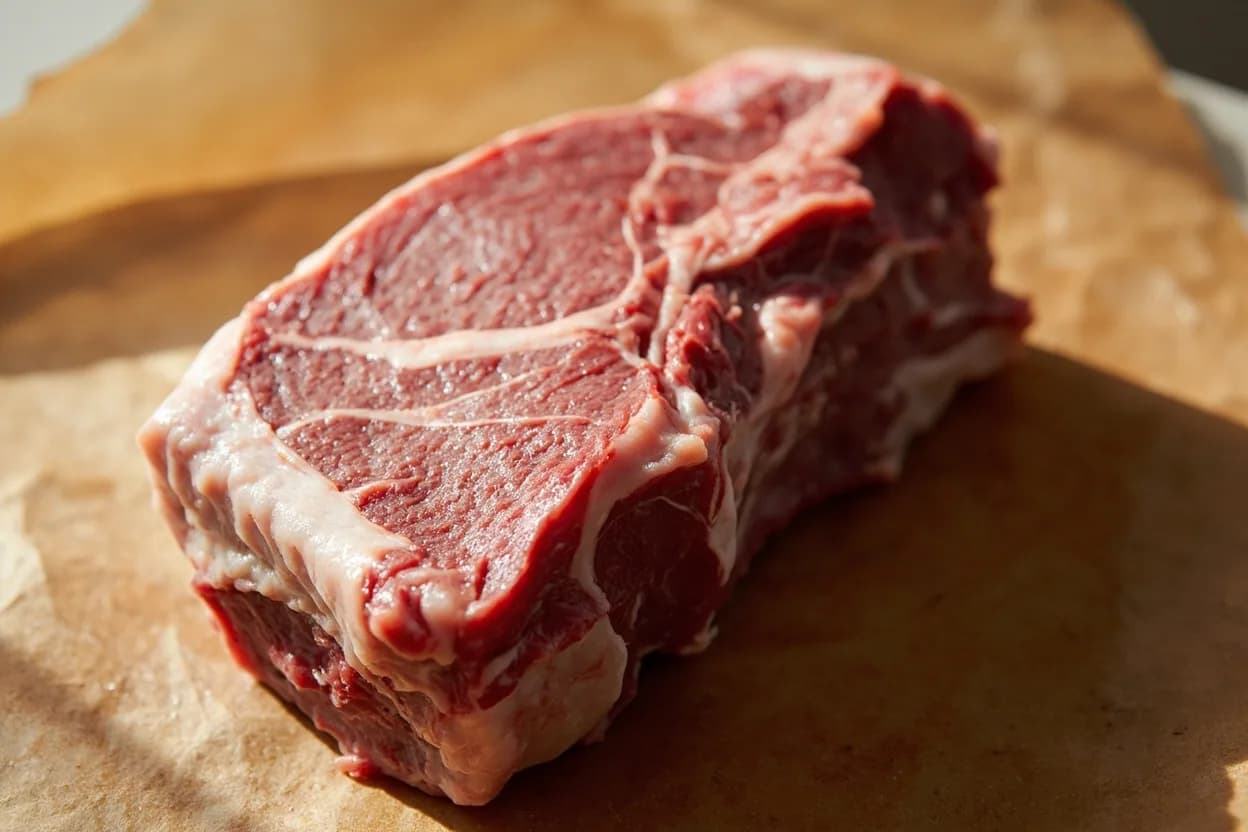 Oxtail — Cross-Cut vs. Segment in its raw whole-cut form on a butcher's board — Oxtail is the whole tail of a steer or heifer, comprising 8–12 coccygeal vertebrae tapering from a thick proximal end (4–5 cm diameter) to a narrow distal tip. Identifying traits: Very high collagen content produces a deeply gelatinous braising liquid that sets to a stiff jelly when cold, Rich marrow inside each vertebra contributes fat-soluble flavor compounds and body to the sauce, Mixed portion sizes in one tail mean outer pieces cook faster — staggered addition or sorted sizing helps.