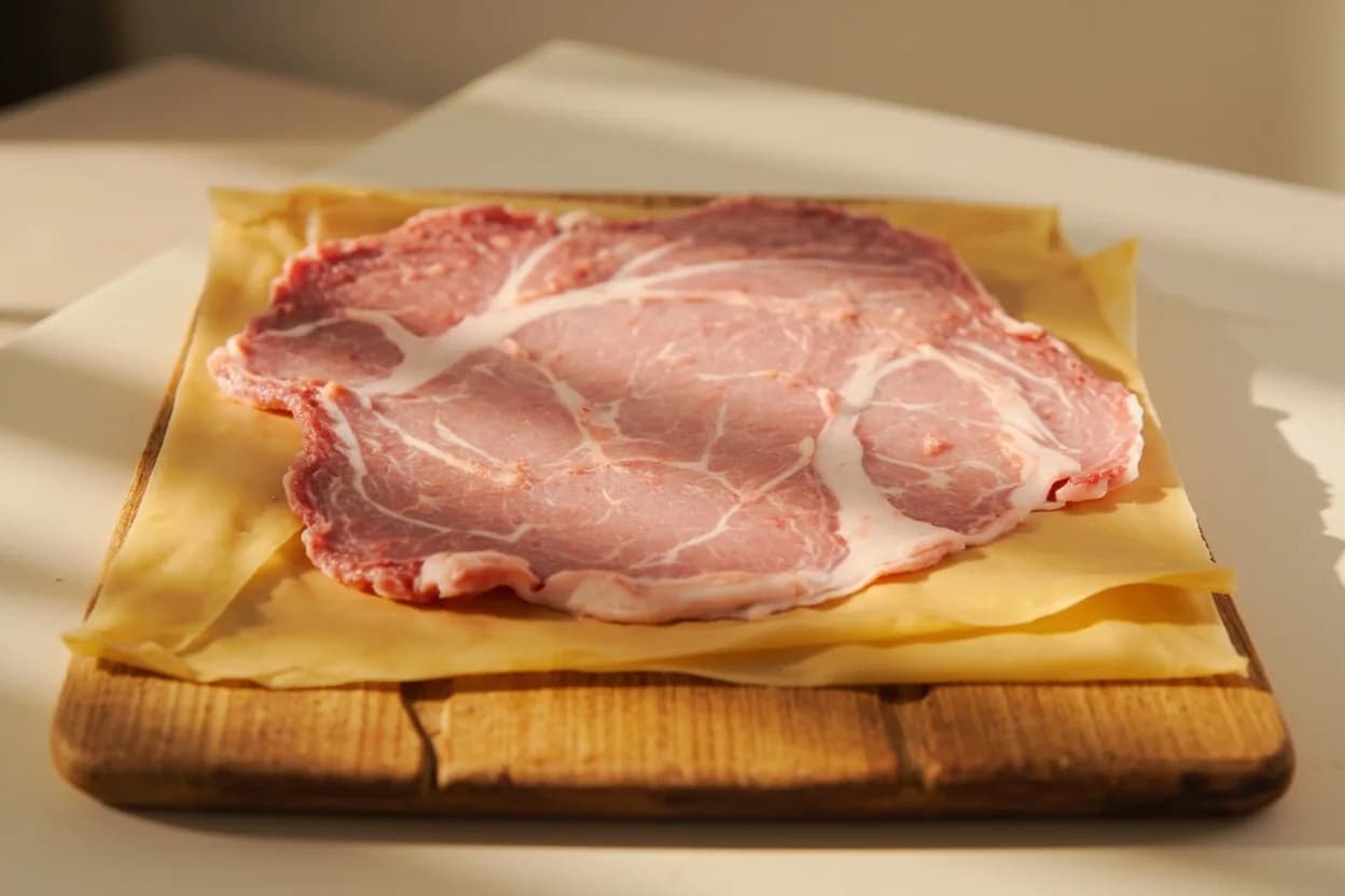 Pasta Sheet Thickness Grades in its raw whole-cut form on a butcher's board — Pasta machine rollers are calibrated in numbered increments — typically 0 (thickest) through 9 (thinnest) on Italian machines like Imperia and Marcato Atlas, though some models run 1–9 or 1–7. Identifying traits: Setting 0 (approx. 3–4 mm): very thick, rarely used; suits maltagliati or hand-torn formats, Settings 1–2 (approx. 2–2.5 mm): thick sheets for pappardelle, wide ribbons, rustic tagliatelle, Settings 3–4 (approx. 1.5–2 mm): standard tagliatelle, fettuccine, lasagna layers.