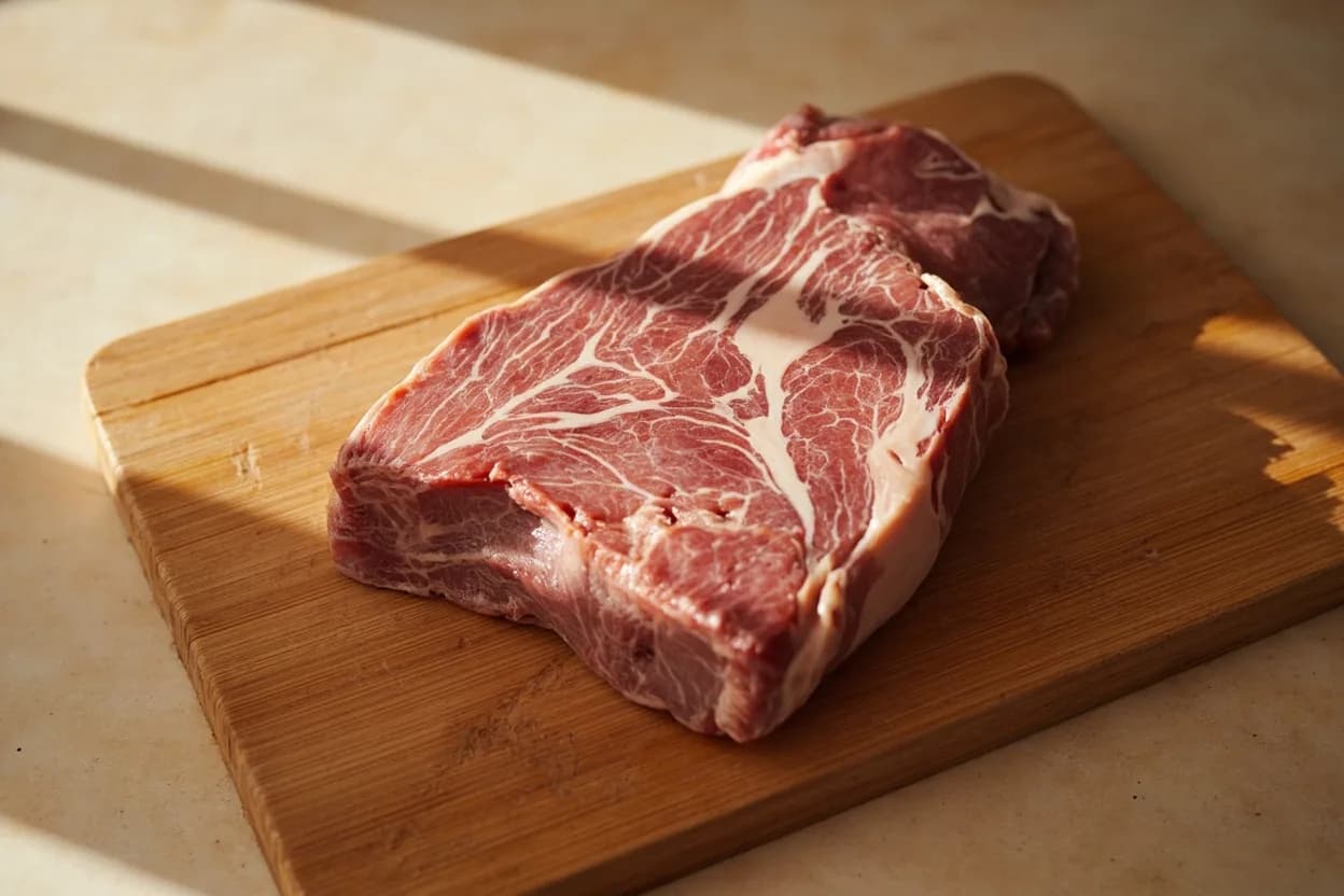 Pluma Ibérica in its raw whole-cut form on a butcher's board — Pluma ibérica ('feather' in Spanish) is the fan-shaped terminal muscle at the rear end of the loin, where the longissimus dorsi broadens and tapers just before the hip. Identifying traits: Thin, irregular fan or feather shape — typically 2–3 cm at its thickest point, Fine-grained, deep-red flesh with distinct white fat seams, Cooks extremely quickly — often done in under 4 minutes total over high heat.