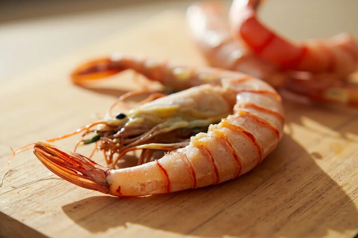 Prawn / Shrimp — Devein & Butterfly Cut in its raw whole-cut form on a butcher's board — Deveining is the removal of the prawn's primary digestive tract — a dark alimentary canal running along the dorsal (back) side of the tail meat. Identifying traits: Deveining removes the dark dorsal tract without splitting the prawn, Butterfly cut opens the ventral face so the prawn fans flat, Tail-on retention provides a handle for tempura and grilled presentations.