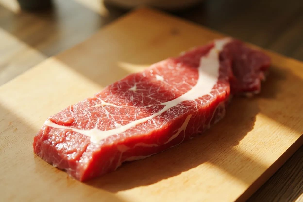 Sogigiri (Diagonal Bias Slice) in its raw whole-cut form on a butcher's board — Sogigiri (削ぎ切り) is a Japanese knife technique in which the blade is held at a low angle — typically 30–45° to the cutting board rather than the near-vertical angle used for most straight cuts — and d… Identifying traits: Slices are broad, flat ovals or lozenges with a larger face than straight-cut equivalents, Low blade angle (30–45°) creates more cut surface per unit of thickness, Increases seasoning and marinade absorption through greater exposed area.