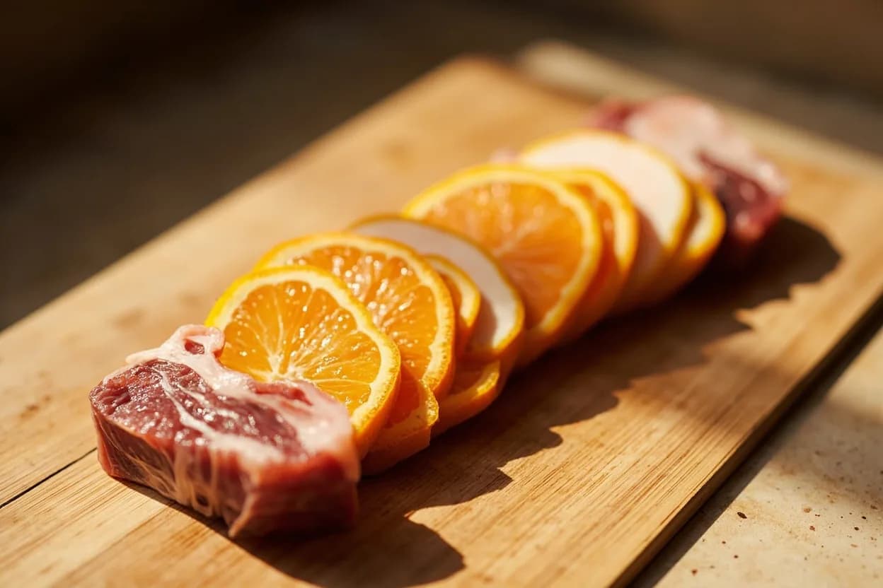 Suprême (Citrus Segment) in its raw whole-cut form on a butcher's board — A suprême is a citrus segment from which all peel, pith, and inter-segment membranes have been removed, leaving only the juice-filled flesh sacs of a single segment. Identifying traits: Membrane-free: no bitter white connective tissue — pure flesh and juice only, Clean geometry: translucent, jewel-like segments suitable for elegant plating, Releases juice freely on the plate — accounts for a puddle; serve on absorbent elements.
