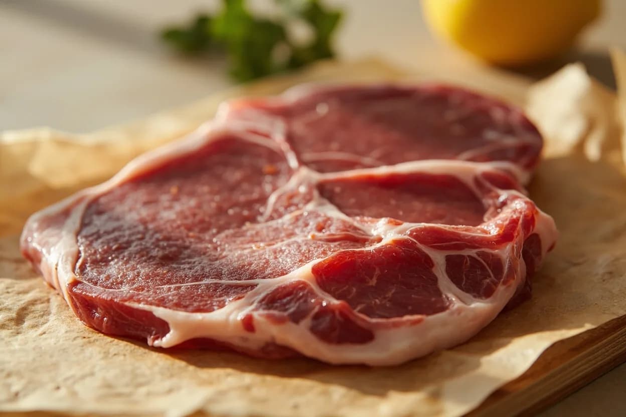 Thin-Slice for Koji Cure (Shio Koji Contact Surface) in its raw whole-cut form on a butcher's board — A deliberate portioning technique in which meat, fish, or poultry is cut to 1–2 cm uniform thickness so that Aspergillus oryzae enzymes in shio koji (salt-fermented rice koji) can reach the protein i… Identifying traits: Uniform 1–2 cm thickness ensures even enzyme contact across the entire surface, Butterfly variant preserves structural integrity for presentation while opening a thick muscle flat, Large surface-area-to-volume ratio shortens effective curing time dramatically compared to whole-muscle koji applications.