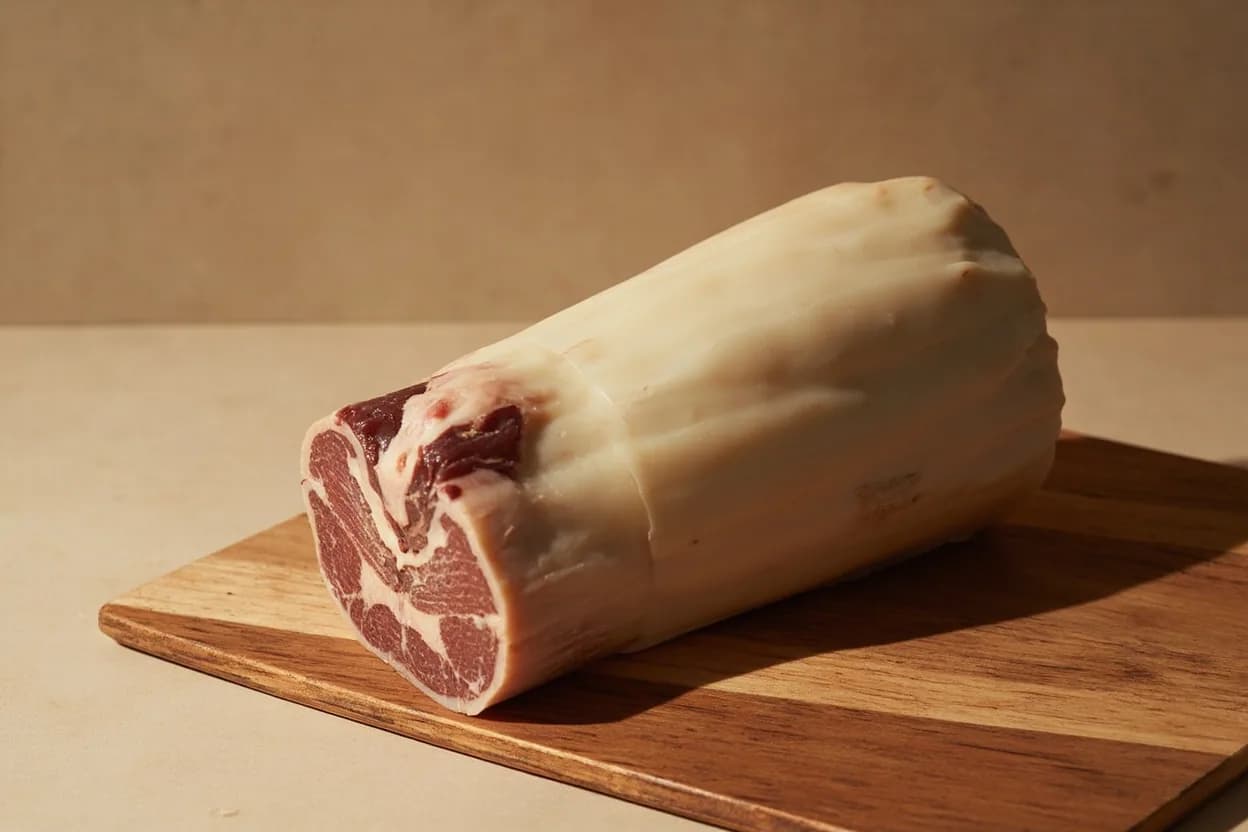 Tournée (7-Sided Turned Vegetable) in its raw whole-cut form on a butcher's board — The tournée is a classical French knife technique that produces a seven-sided, tapered ovoid shape resembling a small football or barrel, approximately 5–7 cm long and 2–3 cm at its widest point. Identifying traits: Seven equal, flat-curved facets meeting at two pointed tips, Classic dimensions: 5–7 cm long, 2–3 cm at the equator, Requires a bird's-beak (tourné) paring knife for control.