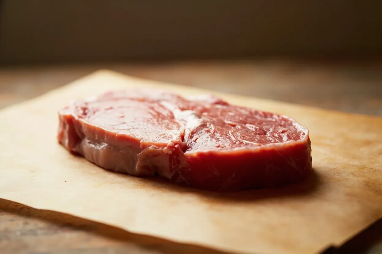Tronçon (Bone-In Flat Fish Steak) in its raw whole-cut form on a butcher's board — A tronçon is the flat-fish equivalent of a darne: the whole dressed flat fish is sliced perpendicularly to its spine in sections 3–5 cm thick, producing a bone-in steak containing portions of all fou… Identifying traits: Bone-in construction releases collagen and gelatin, enriching sauces and braising liquids, Wide, flat geometry exposes maximum surface area for browning on both the dark-skin and white-skin sides, Four distinct muscle pads in one portion — textural complexity within a single serving.