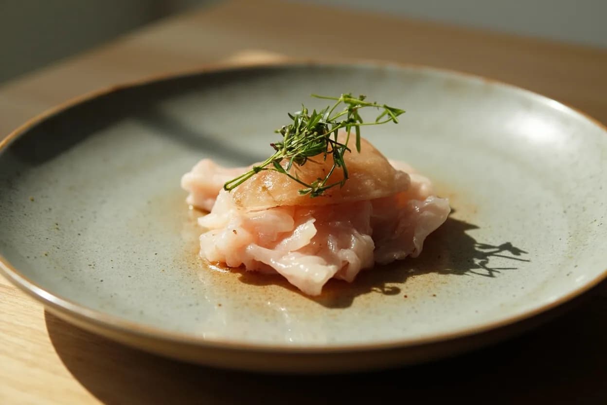 Usu-zukuri (Paper-Thin Slice — Fugu) prepared the canonical way — Tessa (fugu sashimi). Work on a very cold, dry board — ideally marble or damp cedar; the board must not move