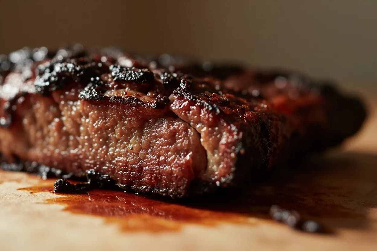 Bark Set Point (BBQ Crust) at Bark sets at surface temperature 70–80°C (158–176°F) after sufficient moisture evaporation; correlates roughly with internal meat temp of 65–75°C. In the first hours of smoking, the meat surface is wet and smoke dissolves into the moisture film, depositing flavor compounds. Visual cues: Wet bark looks shiny, almost lacquered; set bark appears dull, matte, and slightly chalky-dry in color, Set bark feels firm when pressed — springs back minimally; wet bark dents and stays dented, The surface color shifts from reddish-brown to deep mahogany or near-black in the darkest sections.