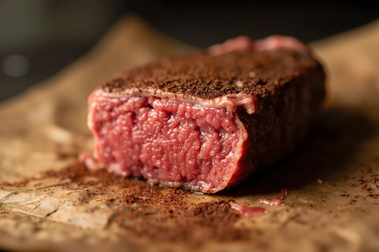 Beef: Rare at 52°C / 125°F. At 52°C, myosin — the primary muscle protein — denatures substantially, causing the muscle fibers to contract and expel a small amount of myoglobin-rich moisture. Visual cues: Bright, clear red center throughout — not purple like bleu, Center is warm, not just heat-transferred from the crust, Soft but slightly more resistant than bleu under thumb pressure.