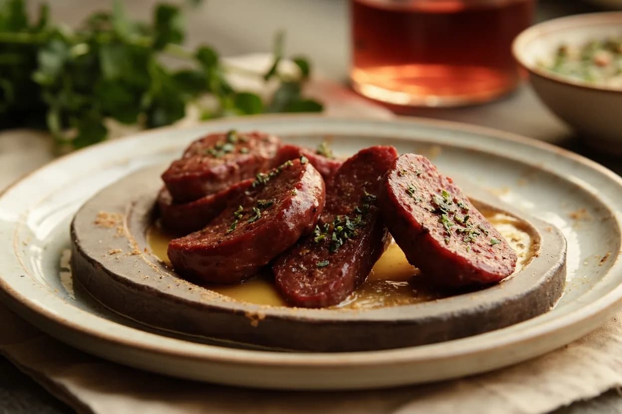 Blood Sausage Coagulation & Poaching Temperature in practice — Boudin noir (French blood sausage, poached then pan-fried). Most blood sausage traditions involve a two-stage cooking process.