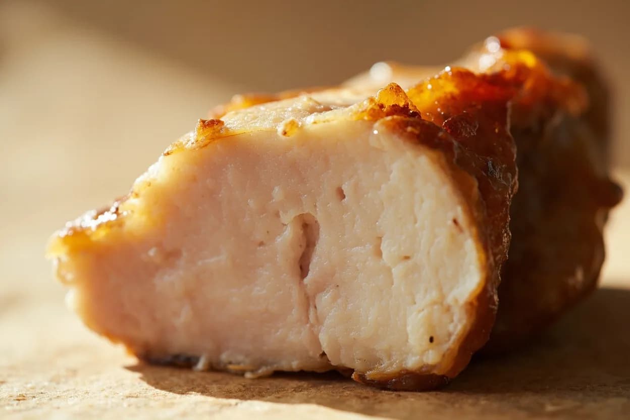 Chicken Thighs vs. Breast Doneness Targets at Breast: 65–71°C (149–160°F); Thigh: 80–85°C (176–185°F). In chicken breast, myosin denatures around 50°C (firming begins) and actin denatures at 65–68°C (dramatic moisture loss and toughening). Visual cues: Breast at 65–71°C: flesh is opaque white-ivory throughout, still plump and springy with no raw translucency; juices run clear, Breast overcooked (>74°C): visibly shrunk, dry and stringy when pulled apart, cotton-wool texture, Thigh at 80–85°C: flesh pulls cleanly from the bone with minimal resistance; juices are golden-clear; the meat has a slightly gelatinous, silky quality between fibers.