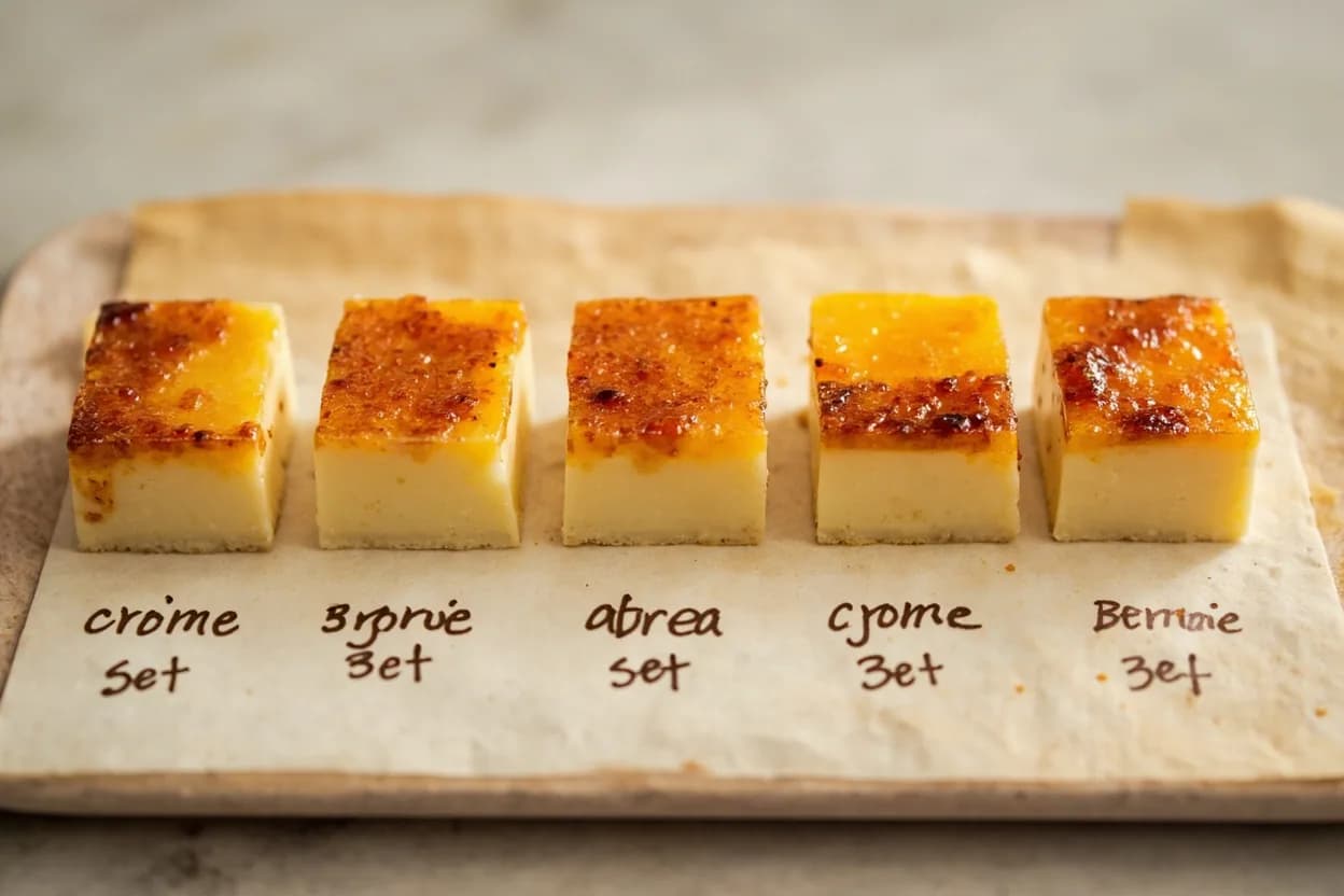 Crème Brûlée Set Point in context — the stages just below and above, side-by-side. Crème brûlée is done when its internal temperature reaches approximately 79°C (175°F) and the center retains a pronounced jiggle — sometimes described as a 'coin-sized wobble. Target reference 79°C / 175°F.