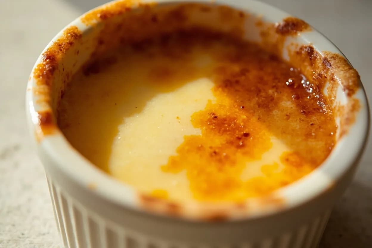 Crème Brûlée Set Point at 79°C / 175°F. Egg yolk proteins (primarily phosvitin, lipovitellins, and low-density lipoprotein complexes) begin denaturing around 65°C and fully coagulate between 70–85°C. Visual cues: The outer 3–4 cm of the ramekin is completely still; only the center 4–5 cm wobbles as a cohesive mass, Surface appears matte and barely set, not liquid-shiny, Edges pull ever so slightly from the ramekin walls.