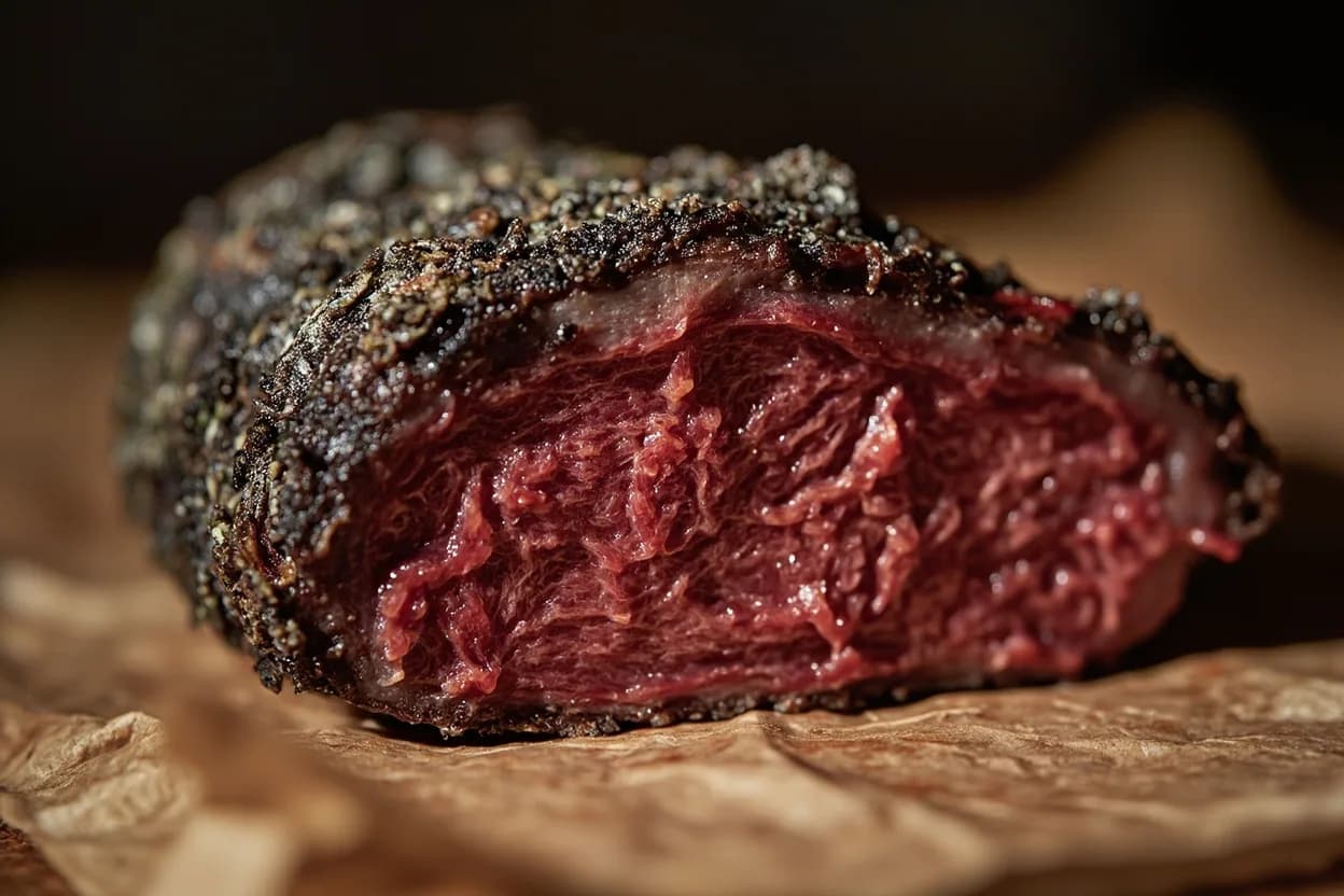 Dry-Aged Beef Crust Trim Threshold at Surface crust dries to near ambient (1–3°C / 34–37°F in the aging chamber); no internal temperature threshold applies. During dry aging at controlled temperatures (1–3°C) and humidity (75–85% RH), proteolytic enzymes (cathepsins, calpains) break down myofibrillar proteins, tenderizing the interior. Visual cues: Surface shifts from very dark brown to black or grey-green where mold is present — all of this is trim, Just beneath the crust, flesh transitions through a thin grey-brown oxidized layer before revealing deep burgundy-red interior, Cut surface of the retained meat should glisten with moisture when freshly exposed.