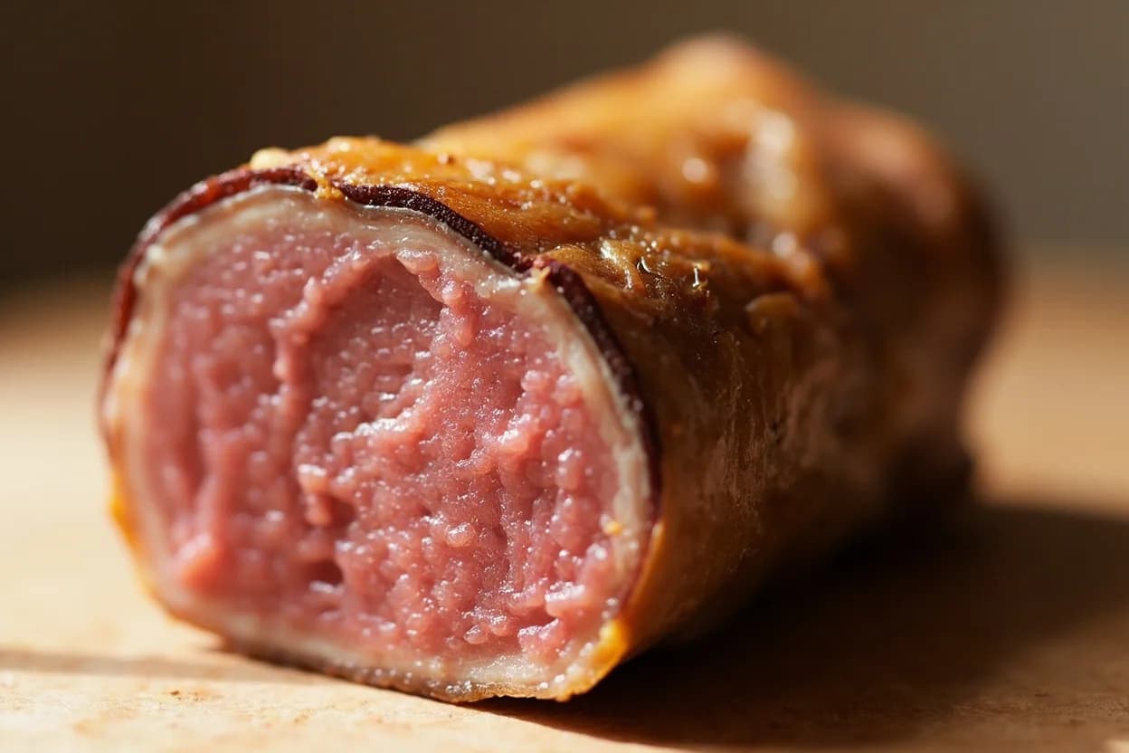 Duck Breast: Medium-Rare (Rosé) Target at Rare: 52–55°C (126–131°F) | Medium-rare (rosé): 57–60°C (135–140°F) | Medium: 63–65°C (145–149°F) | Well-done: 74°C+ (165°F+). Duck breast myoglobin concentration is significantly higher than chicken — comparable to beef in some respects — which means the meat remains visibly pink even as proteins firm. Visual cues: Cross-section shows a blush-rose gradient: deep magenta at the very center fading to pale pink, with a thin grey-cooked band at the exterior, Flesh is firm to the touch but gives with gentle pressure — comparable feel to a medium beef fillet, Fat cap has rendered to translucency and the skin is crackly-crisp, gold to deep amber.