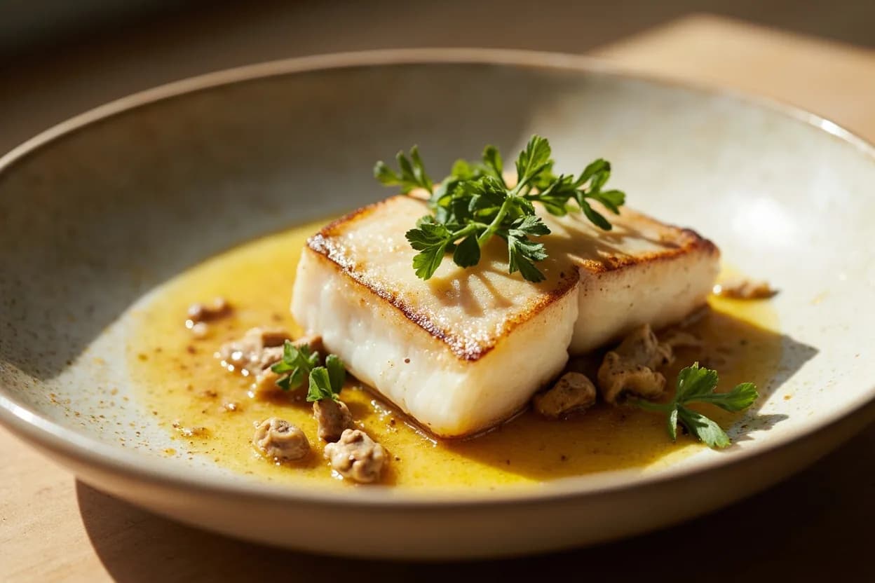 Fish: Translucent-to-Opaque Transition in practice — Pan-seared halibut fillet. Lean white fish (cod, halibut, sole) have almost no margin — they go from translucent to perfectly opaque to dry and stringy within 5–10°C.
